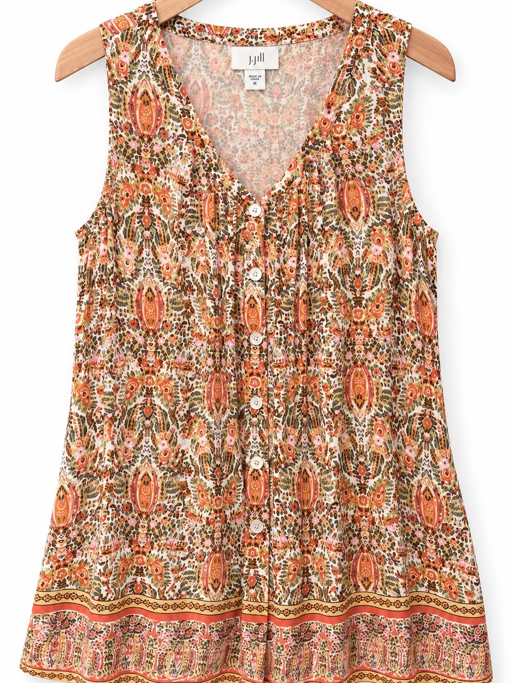 J.Jill Boho Paisley Floral Border Print Button Front Tunic Top M